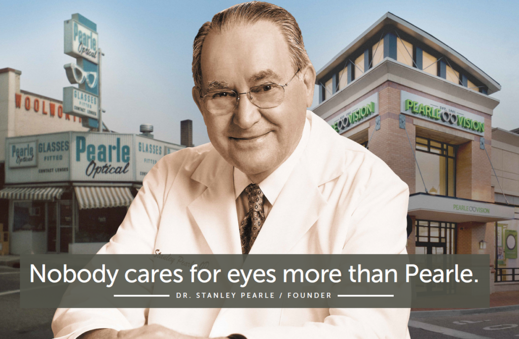 Photo of Dr. Pearle, in front of Pearle Vision franchise locations with text over it.